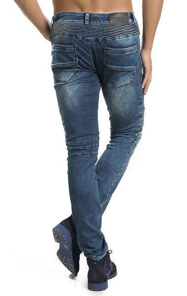 Ron Tomson Navy Blue Quilted Skinny Washed Moto Jeans - Denim Jeans - denimkratos