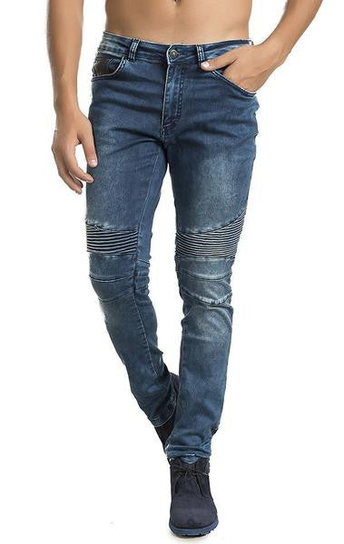 Ron Tomson Navy Blue Quilted Skinny Washed Moto Jeans - Denim Jeans - denimkratos