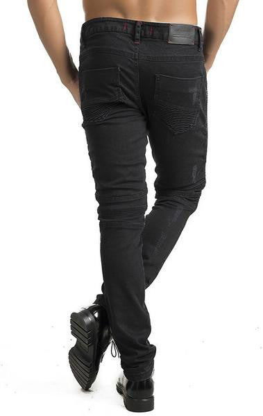 Ron Tomson Black Side Quilted Skinny Washed Moto Jeans - Denim Jeans - denimkratos
