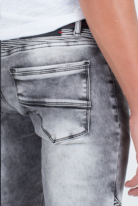 Ron Tomson Grey-Black Quilted Skinny Washed Moto Jeans - Denim Jeans - denimkratos