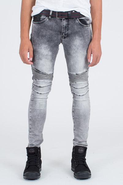 Ron Tomson Grey-Black Quilted Skinny Washed Moto Jeans - Denim Jeans - denimkratos